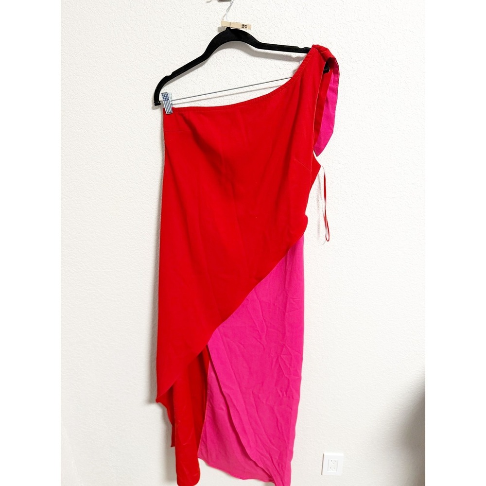 Karlie Womens Asymmetrical One Shoulder Tie Colorblock Dress Red Pink Large - Picture 2 of 7